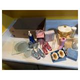 Avon soap, powder boxes, decorative shoes, decor