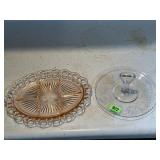 Pink depression relish, etched glass serving trays