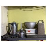 Bowl, baking pans, graters, coffee pot, funnel