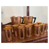 Aluminum beverage pitchers (2), glasses (12), tray