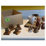 Wooden candlesticks, pottery, bears, mug, trivet