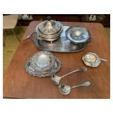 Silver tray, chafing dish, serving spoons