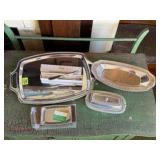 Silver trays, butter dish, butter knives