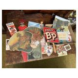 Advertisements, vintage literature, postcards