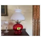 Red oil lamp, milk glass hobnail shade