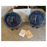 Blue Carnival glass Little Brown Church plates (2)