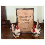 Magic sifter, chicken salt & pepper shakers
