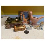 Pipe cologne bottles, clay planter, dog