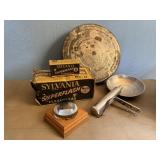 Film canister, magnifying glass, Flashbulbs