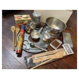 Kitchen lot, wooden spoons, bowl, grater, strainer