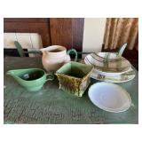 Pottery, pitcher, gravy boat, plaid dishes
