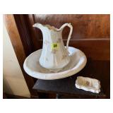 Pitcher, basin, soap dish