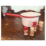 Enamel pan, salt & pepper shakers