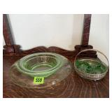 Green depression glass bowl, pickle/relish dish