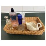 Basket, perfume bottles, swan