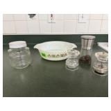 Fire King baking dish, shakers