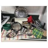 Kitchen lot, linens, slicers, sifters, colander