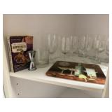 Bar lot, drink ware, cutting board, recipe book