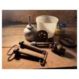 Bucket of hardware, hitch pins, chair webbing,