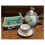 Teapot, Japanese tea cup, saucer, pottery dish