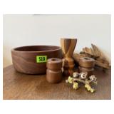 Wooden bowl, candleholders, owls, decor