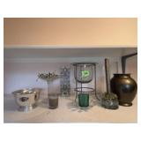 Decor lot, vases, candleholders, silver dish