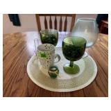 Placemat, green glassware, vase