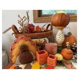 Fall decorations, pumpkins, basket, plush turkey