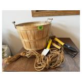 Bushel basket, garden hand tools, macrame hanger