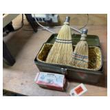Metal lined box, hand brooms, sterno fuel