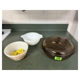 Covered baking dish, Pyrex bowls, corn holders