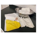 Stainless colander, flour sack towels