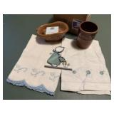 Embroidered linens, sun catcher, soap dish, cup