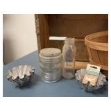 Daisy crate, tins, baby bottle, basket, buttons