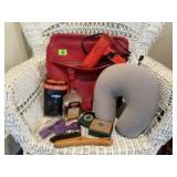 Travel bag, neck pillow, bow ties, brushes