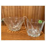 Glass serving bowl, ice bucket, tongs