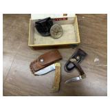 Cigar box, pocket knives, chew cover