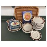Stoneware dishes, soup cookbooks, basket
