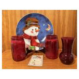 Ruby vase, jars, snowman plate, Christmas
