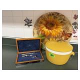 Sunflower plate, Nautica corkscrew set, ice pail