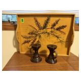 Wooden tray, candlesticks