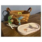 Longaberger basket, hummingbird dish, wire wreath