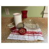 Glass serving bowl, linen, wax warmer, ruby