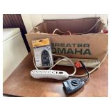 Box of power cords, surge protectors, timer