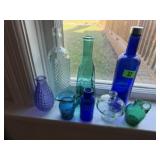 Cobalt, green bottles, glassware