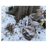 Plant stands (2), enamel pans (2), garden rabbit,