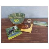 Studio pottery bowl, postcards, crystal