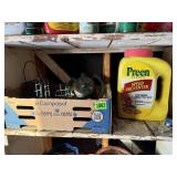 Partial jug of Preen, garden hand tools, bird