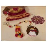 Iowa State Cyclones ornaments, hand knitted hat