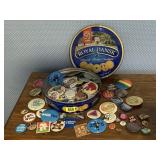 Cookie tin of pins, political, memorabilia